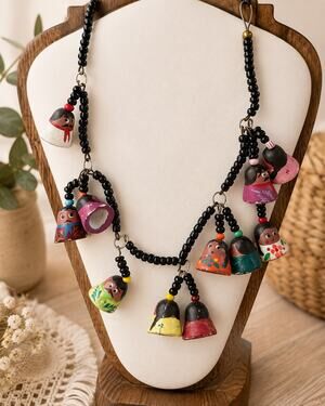 Vintage Hand Painted Doll Necklace Folk Art Guatemala Style
